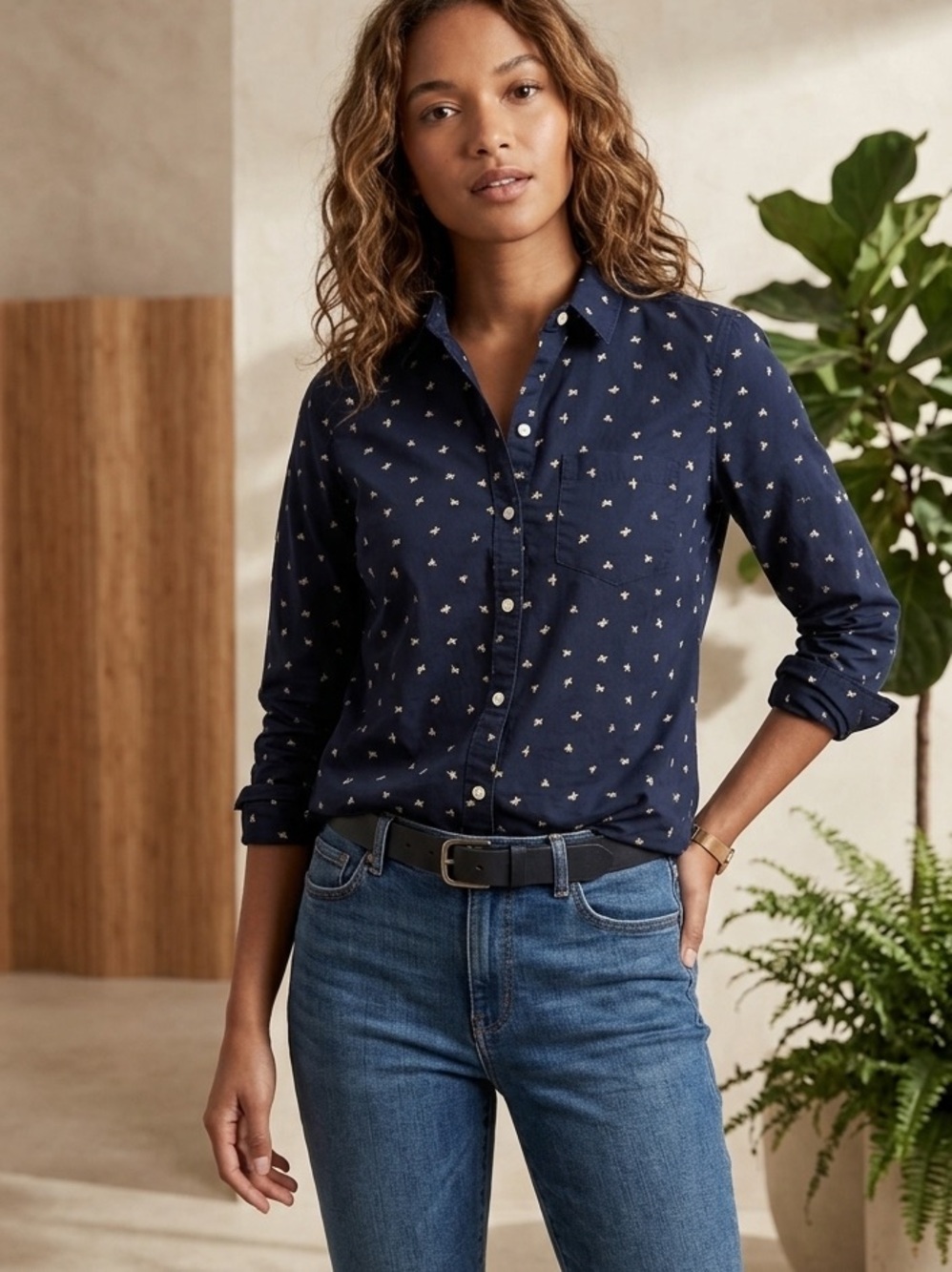 Banana Republic Navy Button-Down Shirt with soft Yellow Bee Motif